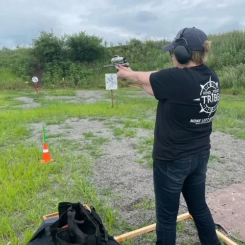 US ANG Veteran Debbie Quinn, shooting steel at Brittany Park, IL- July 2023