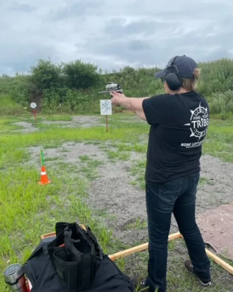 US ANG Veteran Debbie Quinn, shooting steel at Brittany Park, IL- July 2023