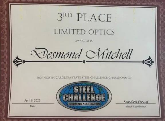 Sgt Desmond Mitchell placed 3rd overall in Limited Optics Div. at the NC State Steel Championships